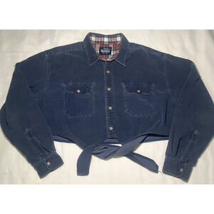 Vtg Woolrich Womens Cropped Corduroy Long Sleeve Blue Size L Tie Front Button
